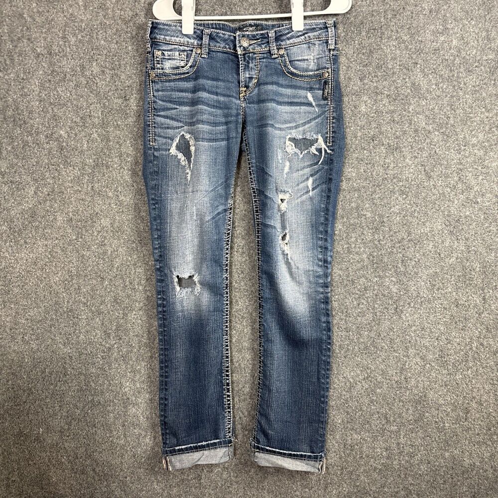 Silver Jeans Womens Size 27 Blue Berkley distressed Rolled Hem Y2K Grunge Chic
